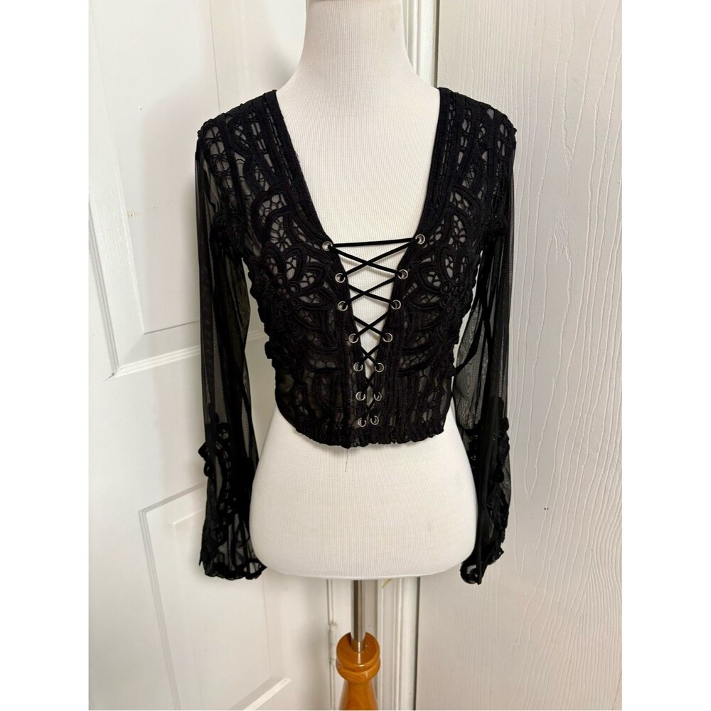 Akira Black Lace Up Sheer Bell Sleeve Gothic Boho Crop Top L5